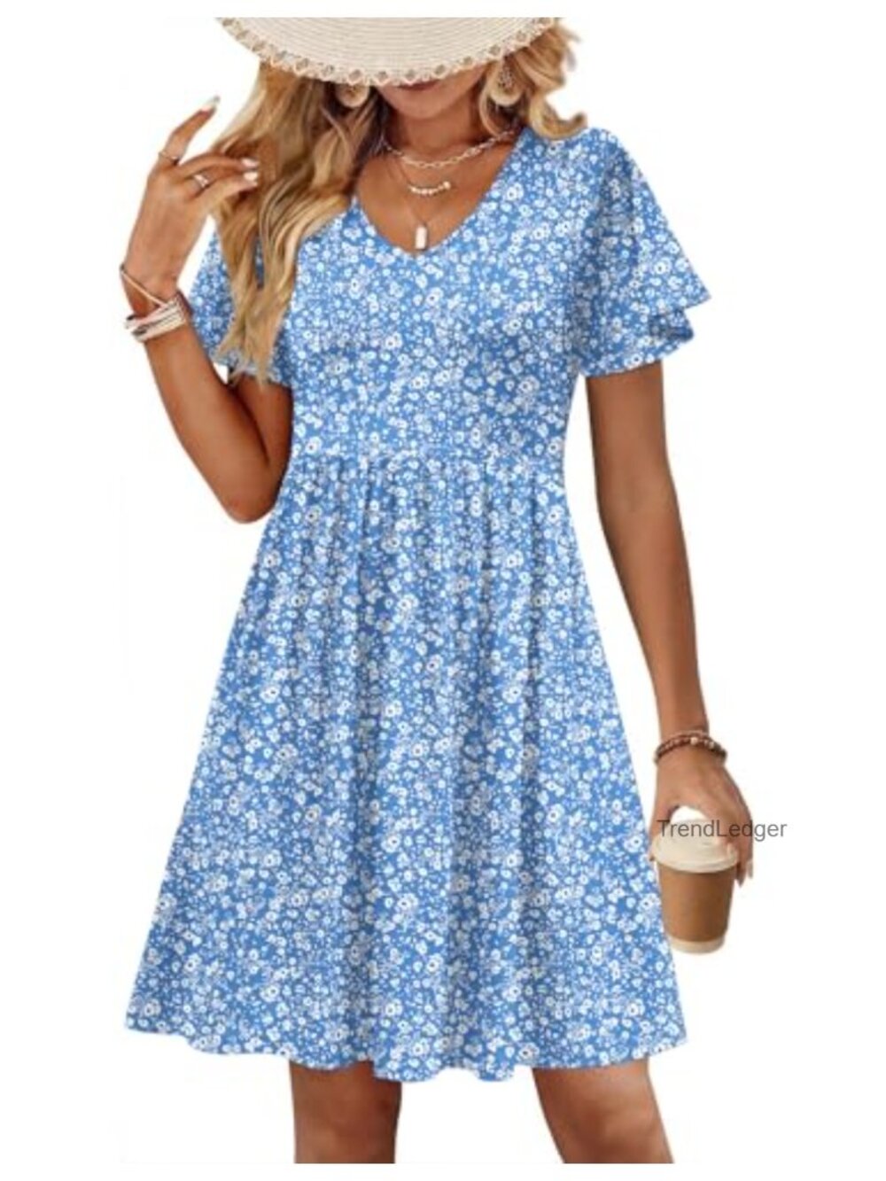 Womens Summer Swing Dress Floral Ruffle Short Sleeve V Neck A-Line Mini Dress